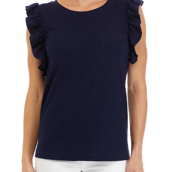 crown & ivy Tops - Crown & Ivy Women’s Sleeveless Ruffle Trim T-shirt XXL Navy Blue nearly new
